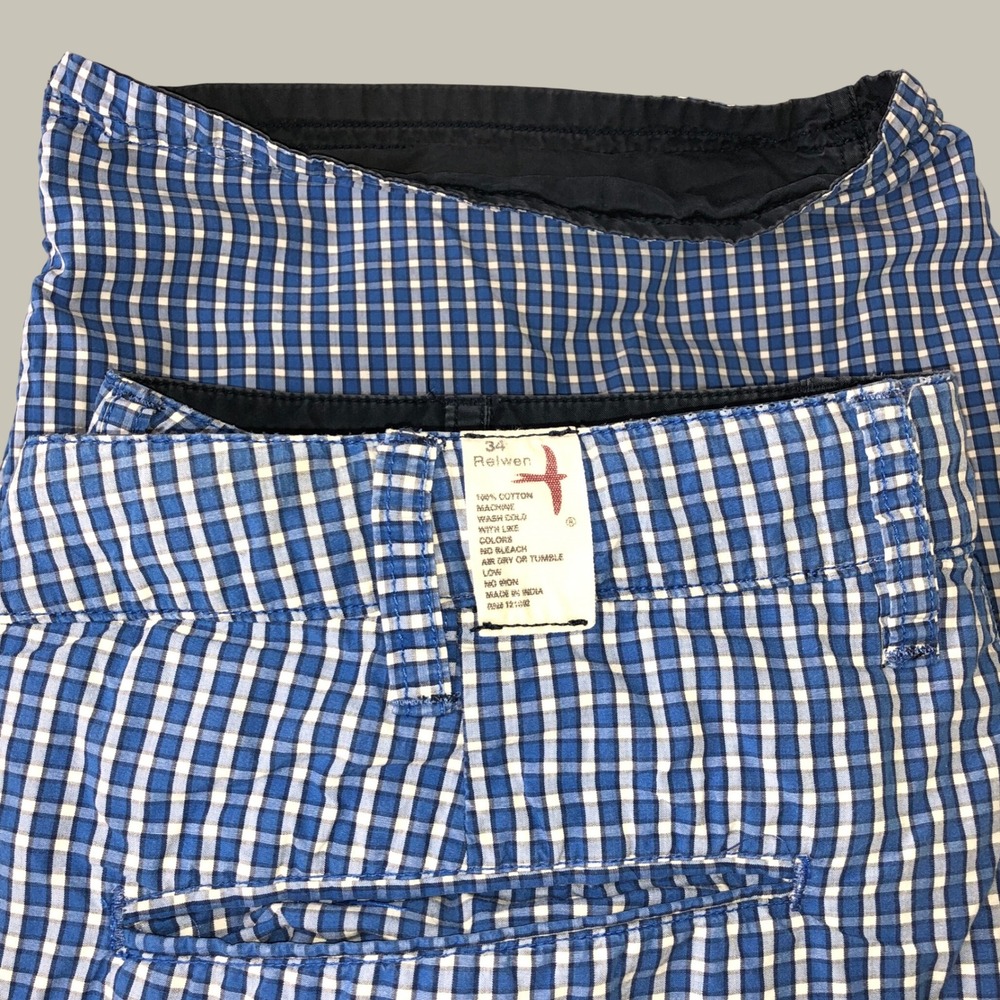 Relwen Shorts Mens 34 (Fits 36) Blue Gingham Check Drawstrings Reversible (Flaw)